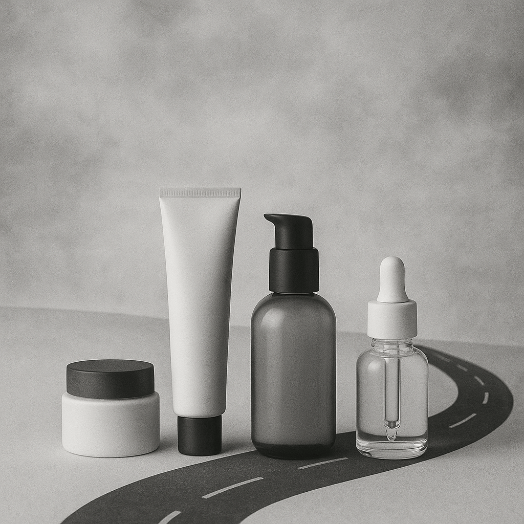 Four skincare products representing the skin pantry roadmap design in a minimalist setting.
