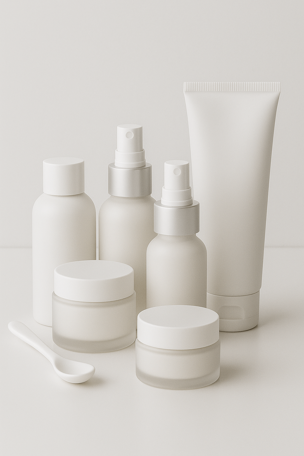 A collection of specialty skincare products in minimalist packaging on a white background.