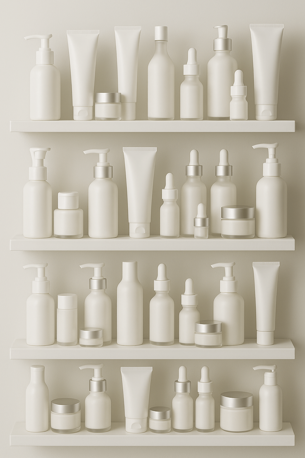 Various skincare products on shelves representing our skin pantry journey.
