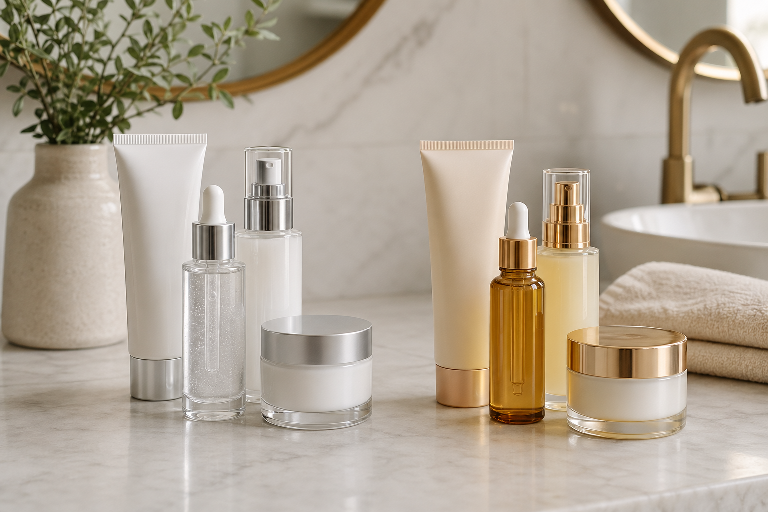 Two groups of skincare products arranged side by side on a bathroom counter for an anti-aging comparison.