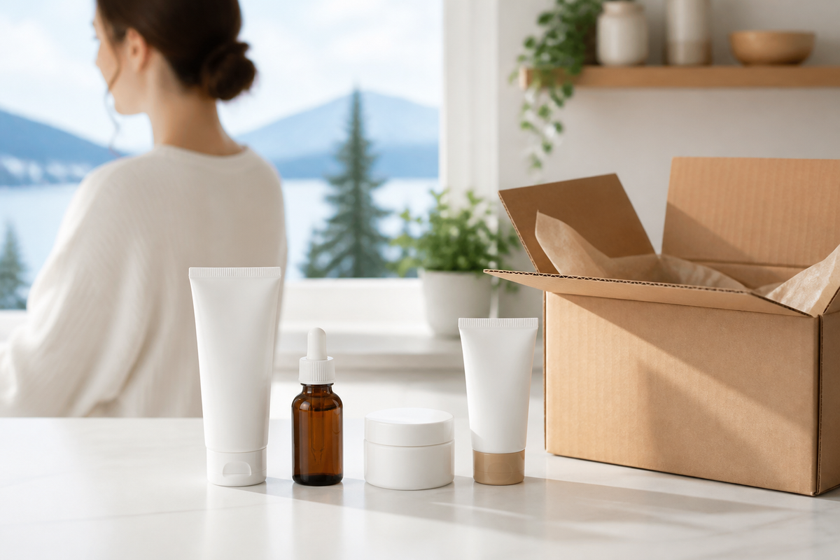 Skincare products beside an open shipping box on a clean white counter
