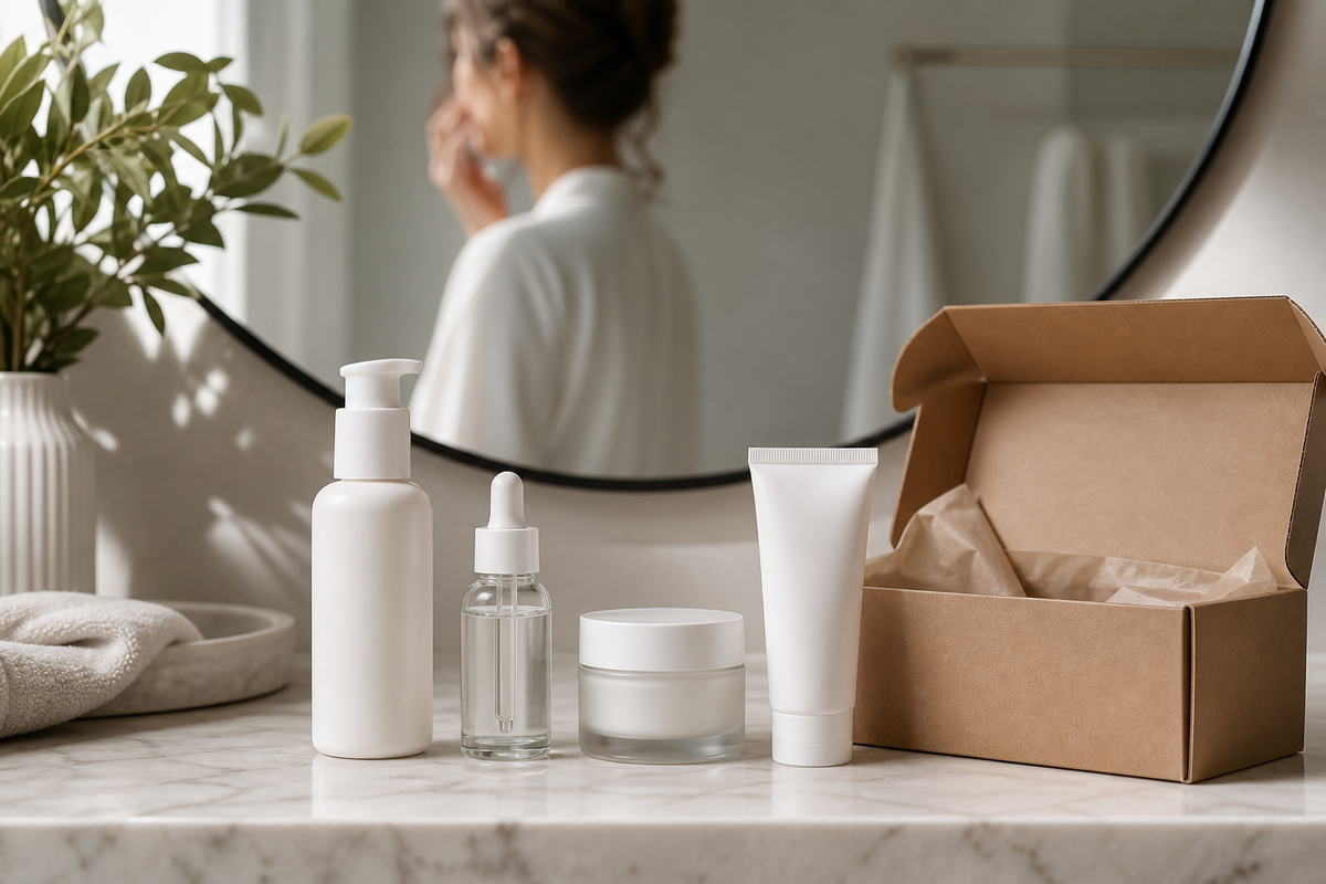 Skincare products arranged beside a delivery box on a bathroom counter.