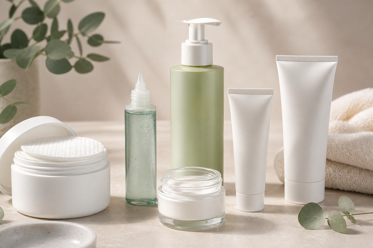 Acne treatment skincare products arranged on a neutral surface with cleanser, treatment pads, gel, moisturizer, and sunscreen.