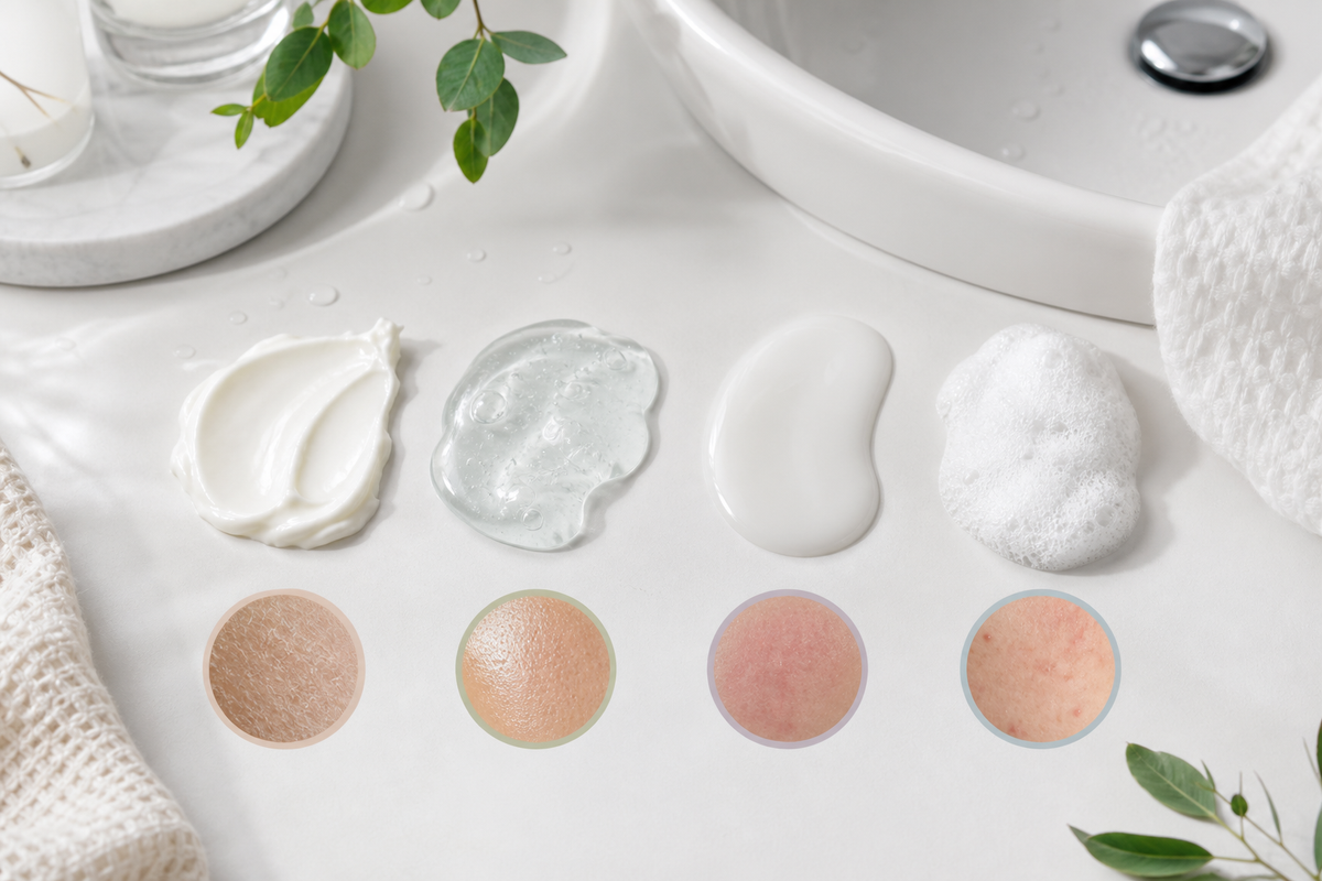 Four facial cleanser textures displayed in small dishes on a white bathroom counter for dry, oily, sensitive, and acne-prone skin.