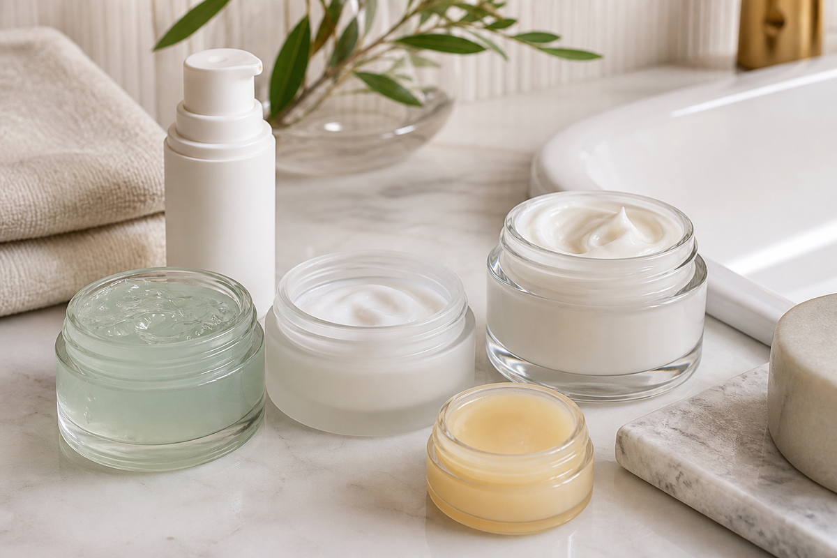Open containers showing gel, lotion, cream, and balm moisturizer textures on a clean counter.