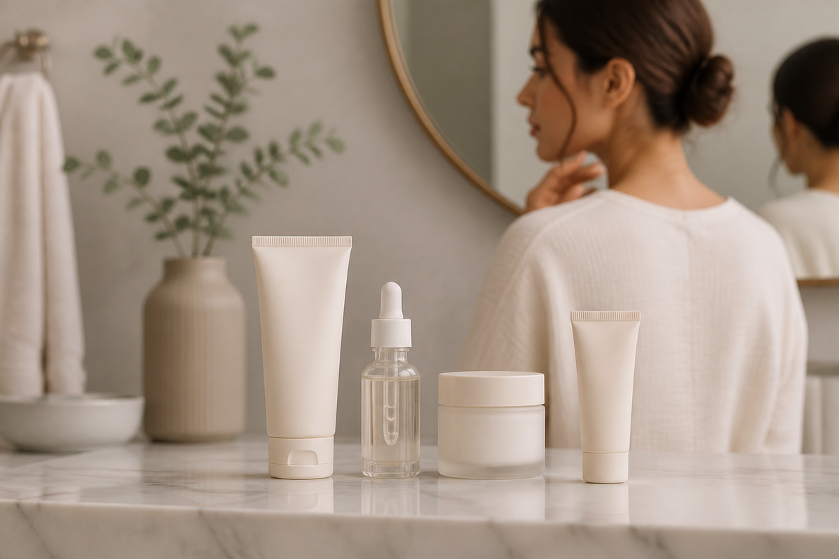 Cleanser, serum, moisturizer, and sunscreen arranged on a bathroom vanity.