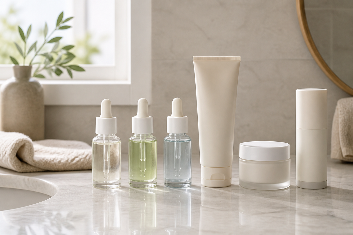 Three serum bottles beside cleanser, moisturizer, and sunscreen on a bathroom counter.