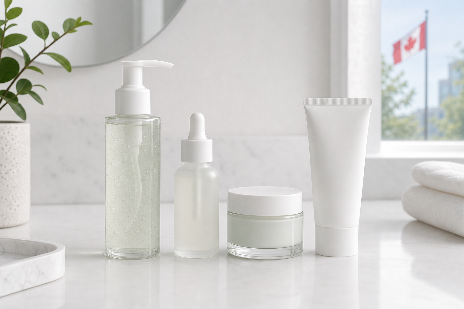 Gel cleanser, lightweight serum, moisturizer, and sunscreen arranged on a white surface