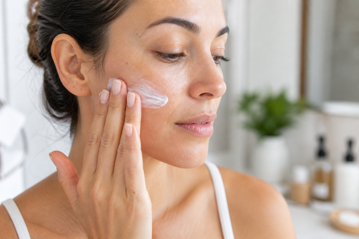Woman applying sunscreen to her face in a bright bathroom