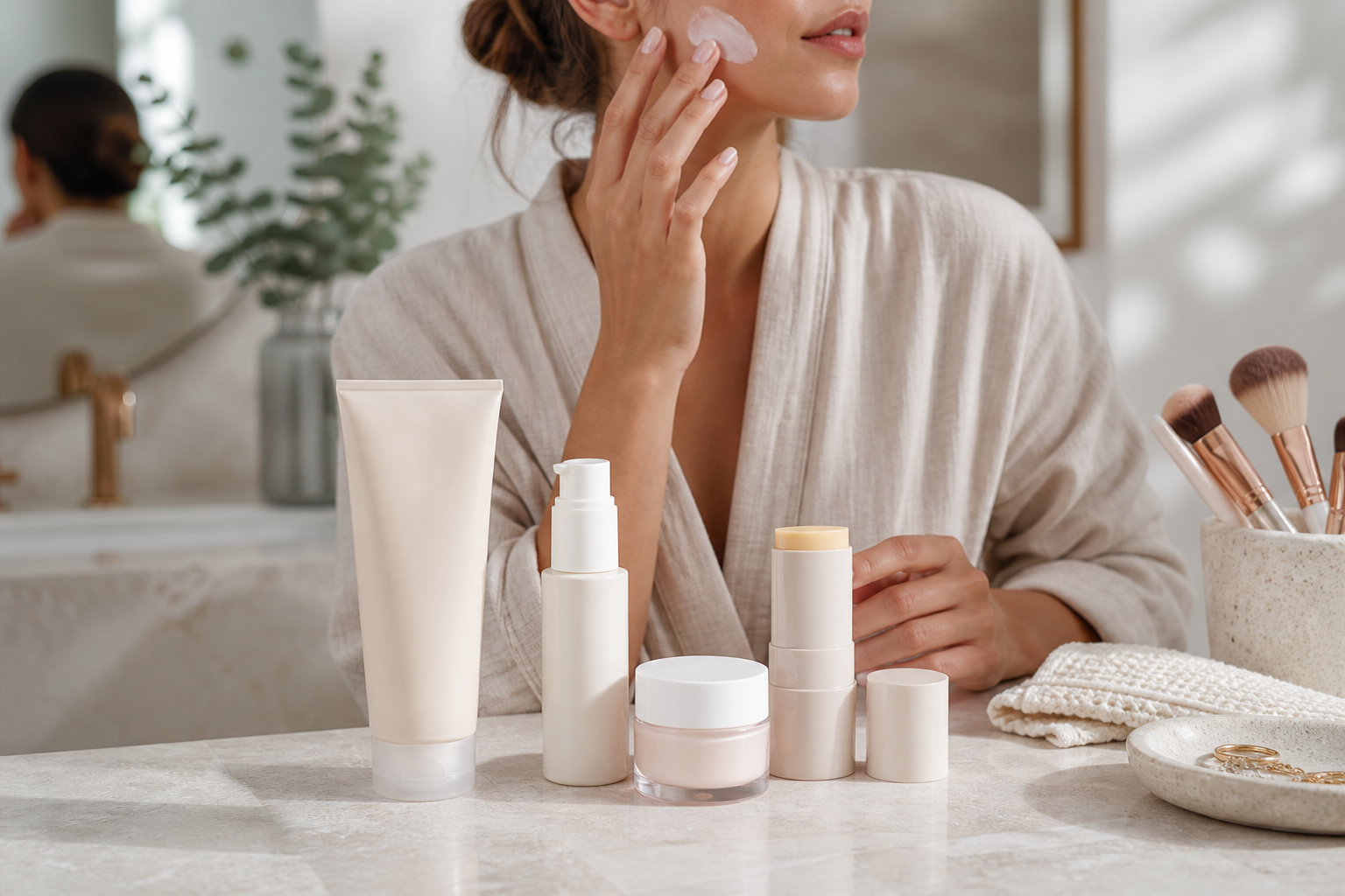 Mineral sunscreen and skincare products arranged on a bathroom counter with soft natural light