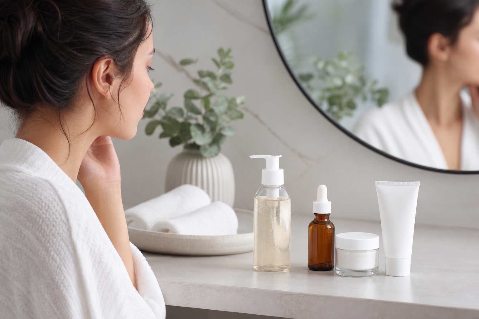 Professional skincare products arranged on a bathroom counter with cleanser, treatment, moisturizer, and sunscreen.
