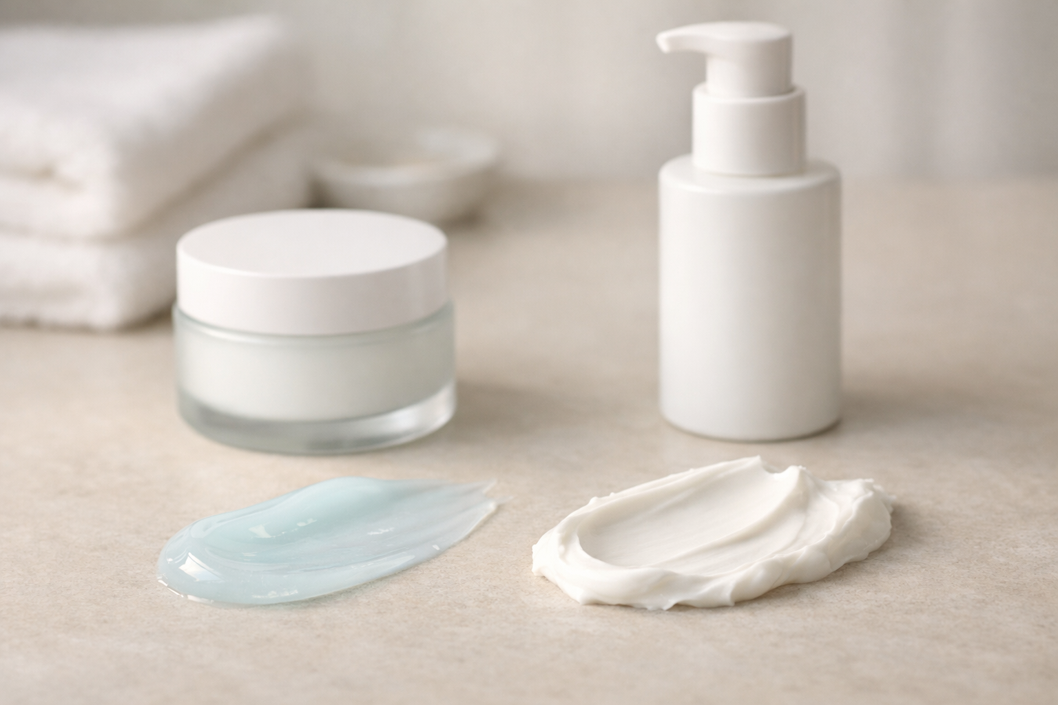 Two moisturizer textures on a neutral surface, a gel-cream smear beside a richer cream smear with unbranded containers.