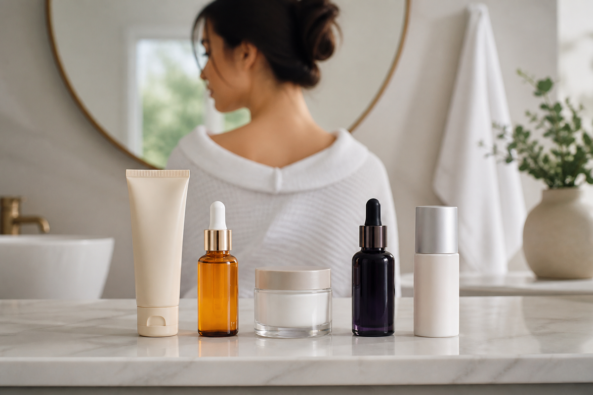Five skincare products on a bathroom counter: cleanser, vitamin C serum, moisturizer, retinol, and sunscreen.