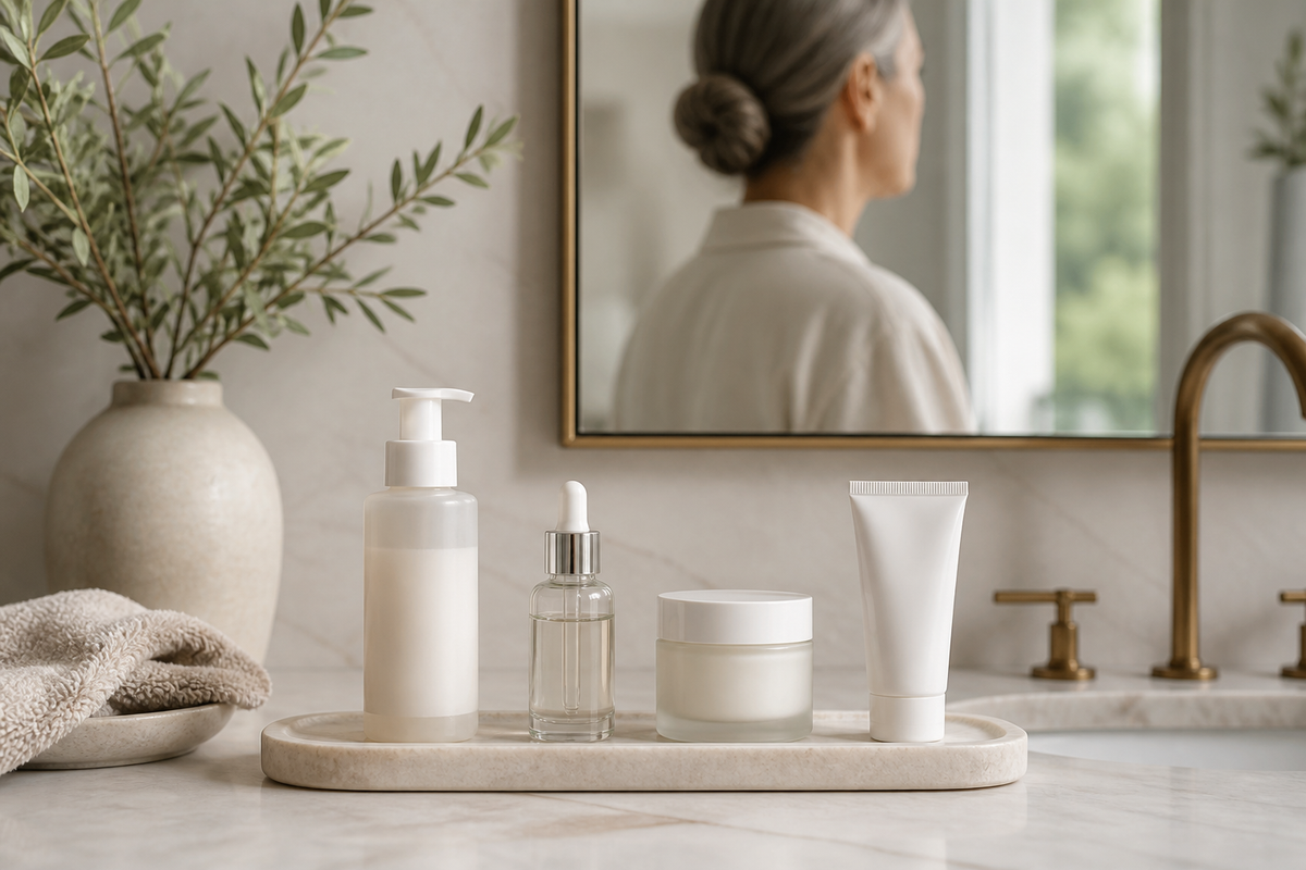 Gentle cleanser, serum, moisturizer, and sunscreen arranged on a bathroom counter.