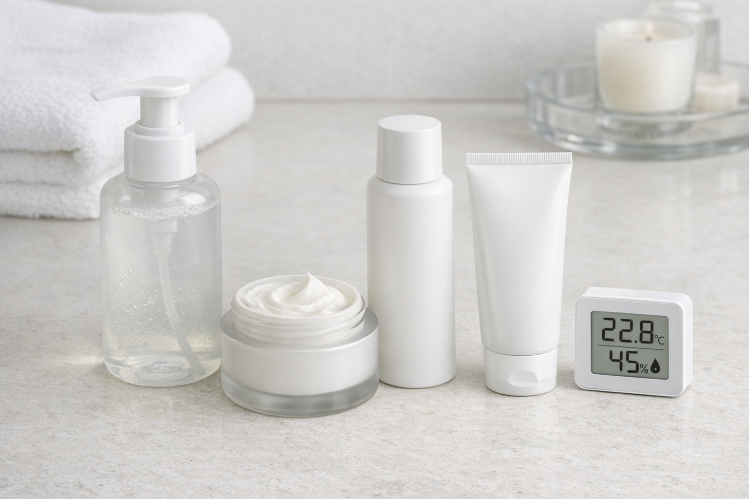 Skincare products and a hygrometer on a bathroom counter in soft daylight.