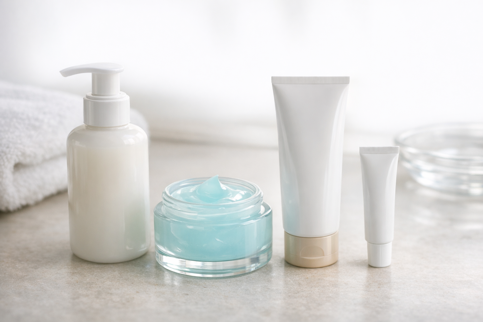 Gentle cleanser, lightweight moisturizer, sunscreen, and acne treatment arranged on a neutral counter