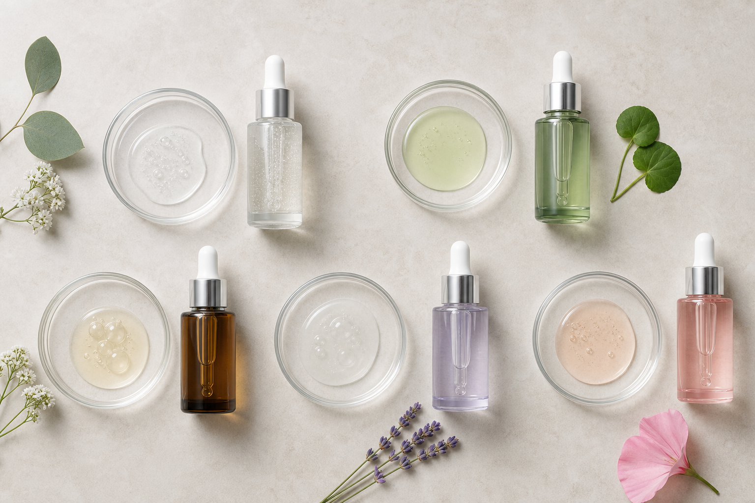 Several skincare serum bottles and droppers arranged on a light surface.