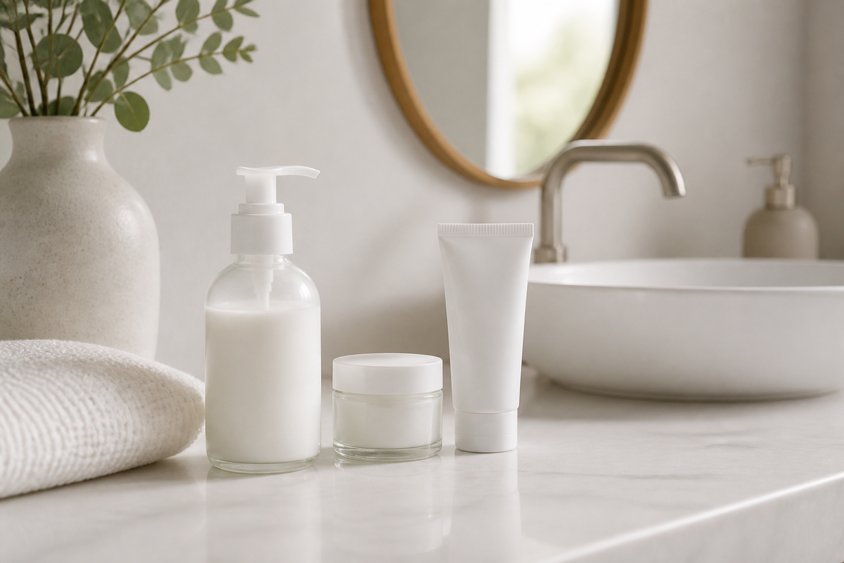Gentle cleanser, moisturizer, and sunscreen arranged on a bathroom counter for a sensitive skin routine.