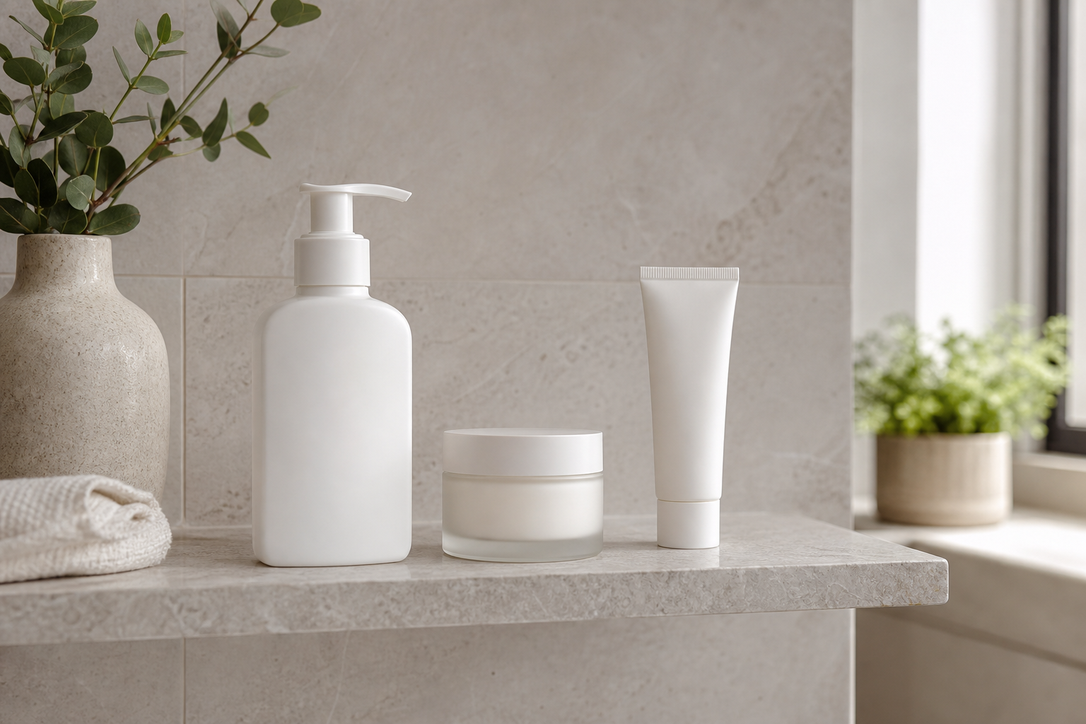 A gentle cleanser, moisturizer, and sunscreen arranged on a clean bathroom shelf.