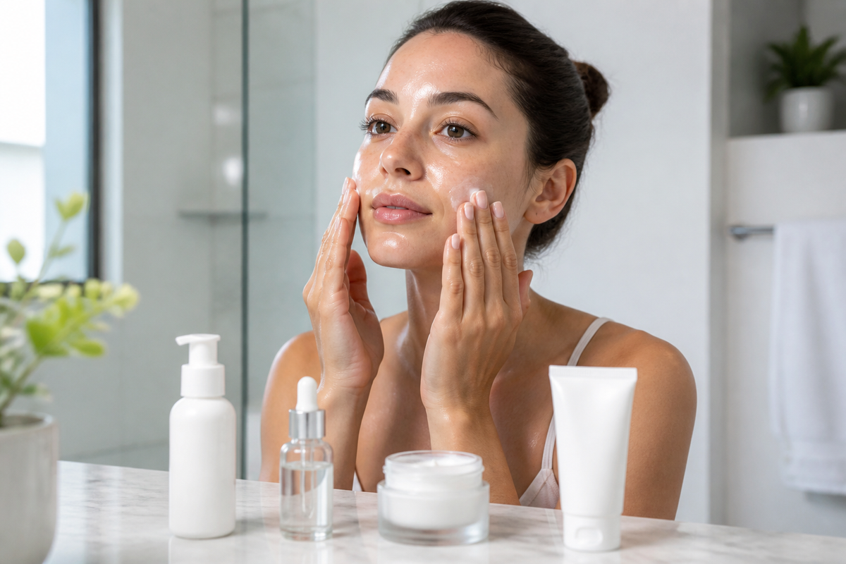 Woman applying facial moisturizer in a bathroom with cleanser, serum, moisturizer, and sunscreen on the counter.