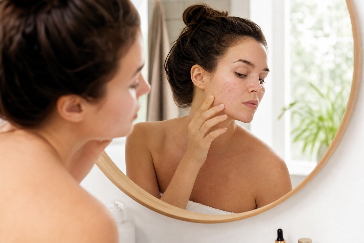 Woman looking at clean bare skin in a bathroom mirror to assess skin type