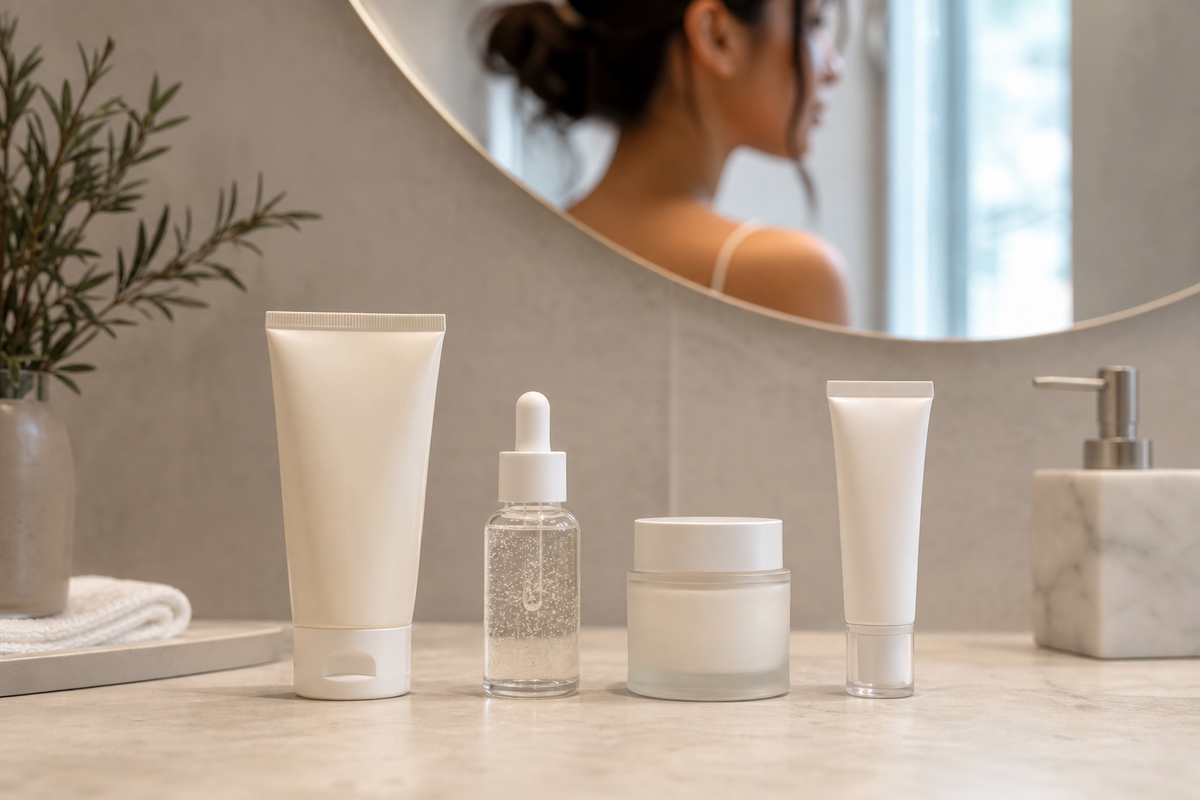 Skincare products arranged in order on a bathroom counter: cleanser, serum, moisturizer, and sunscreen