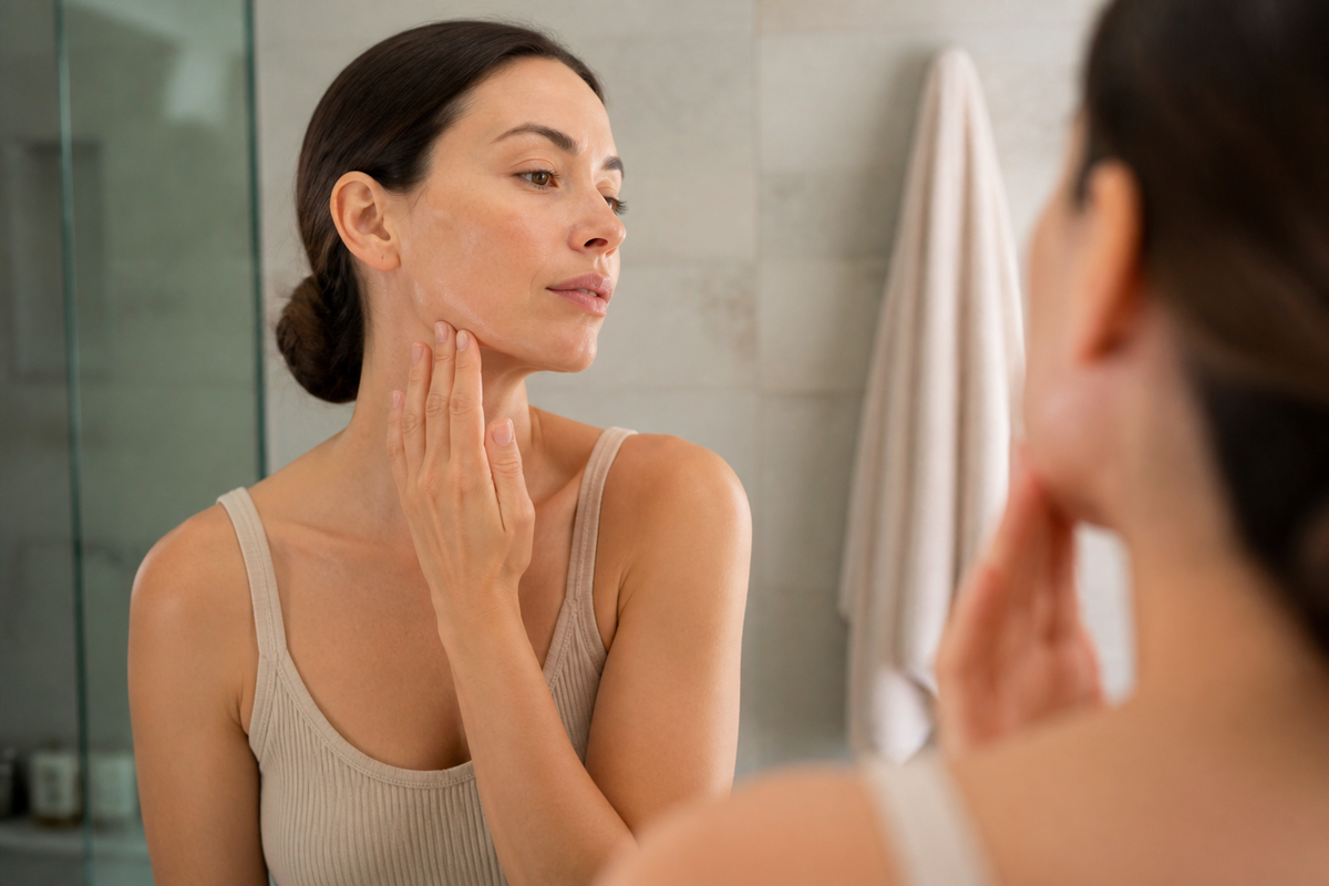 Woman patch testing a skincare product on her jawline in a softly lit bathroom