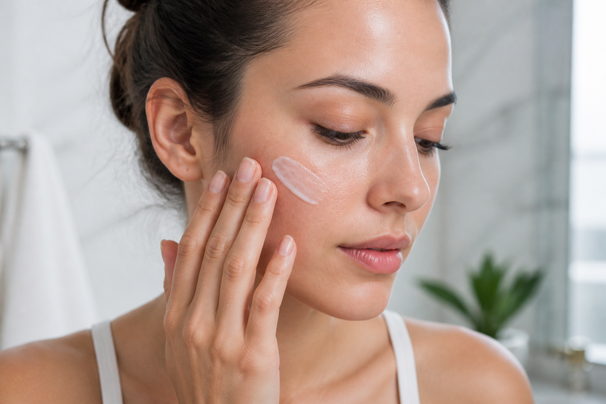 Woman applying moisturizer to dry, sensitive facial skin in a bright bathroom