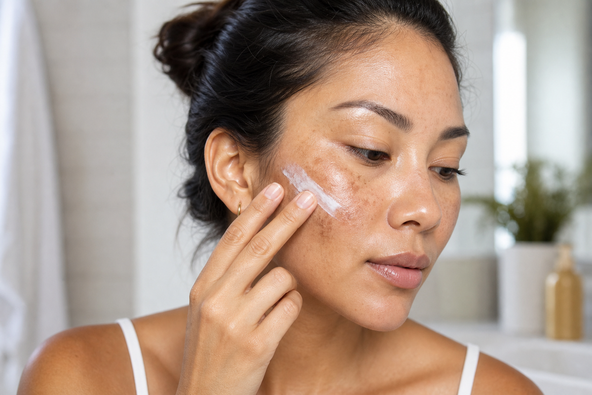 Woman applying sunscreen to her face with mild dark spots visible on her cheeks