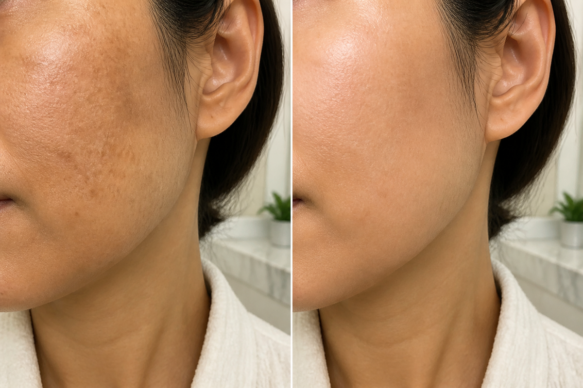 Close-up of facial skin with mild dark spots and uneven tone in soft natural light