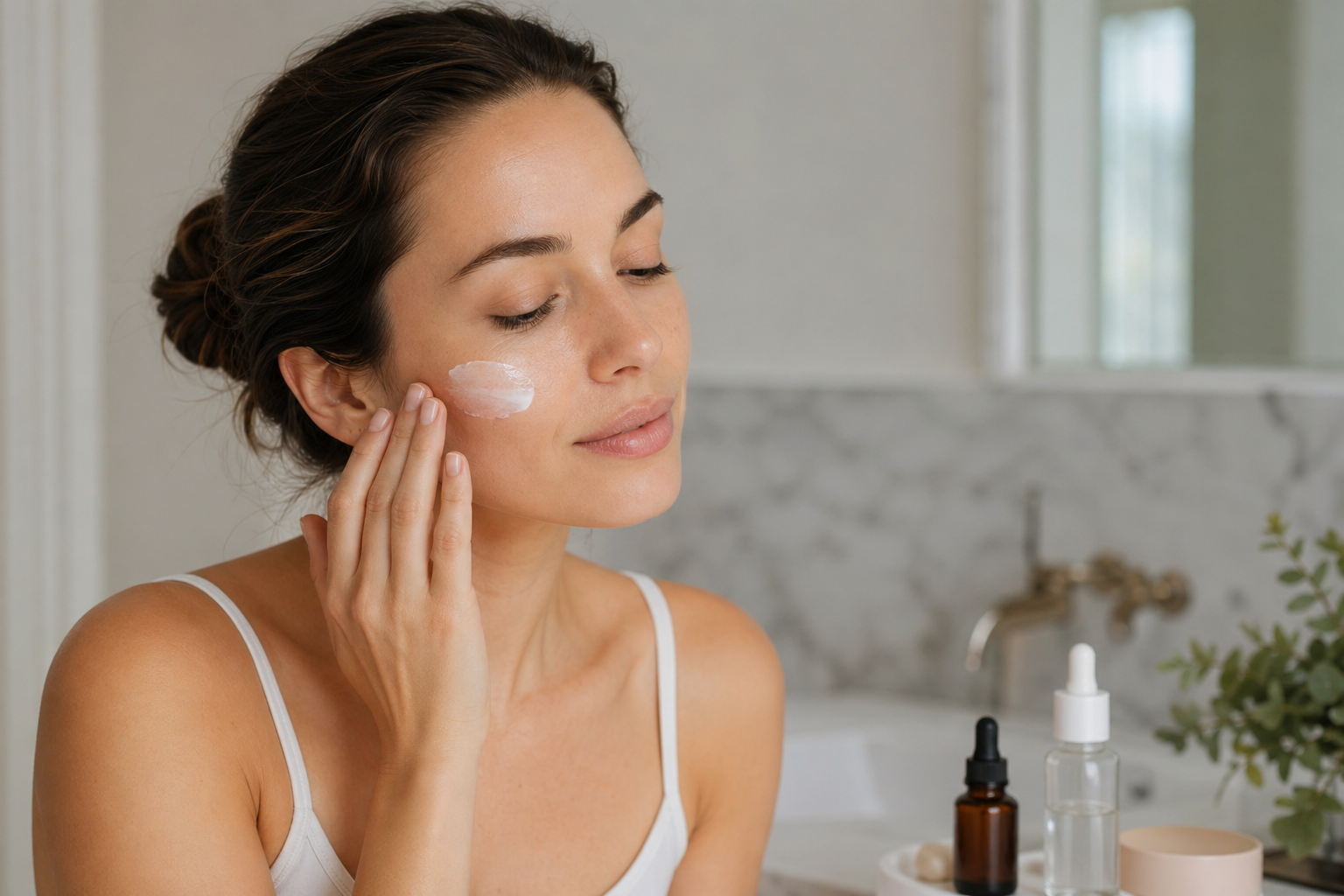 Woman applying moisturizer in a bright bathroom with skincare products on the counter