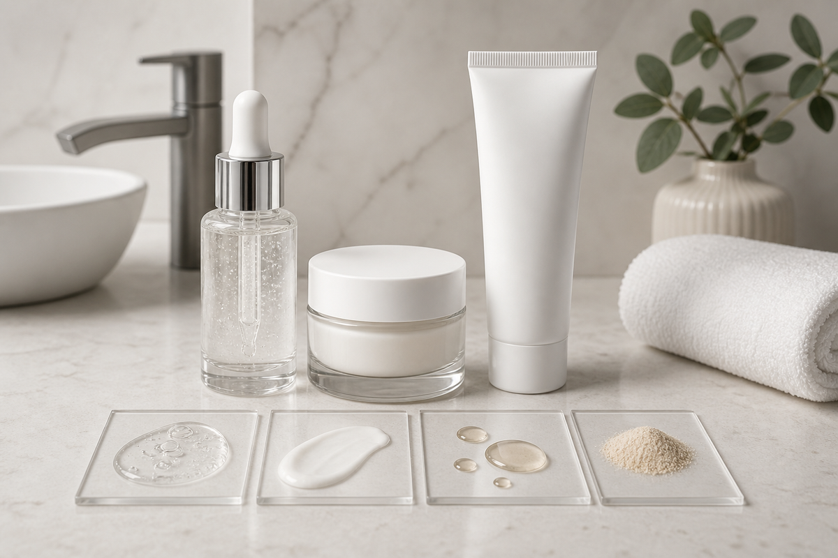 Serum, moisturizer, and sunscreen arranged on a clean bathroom counter in soft light.