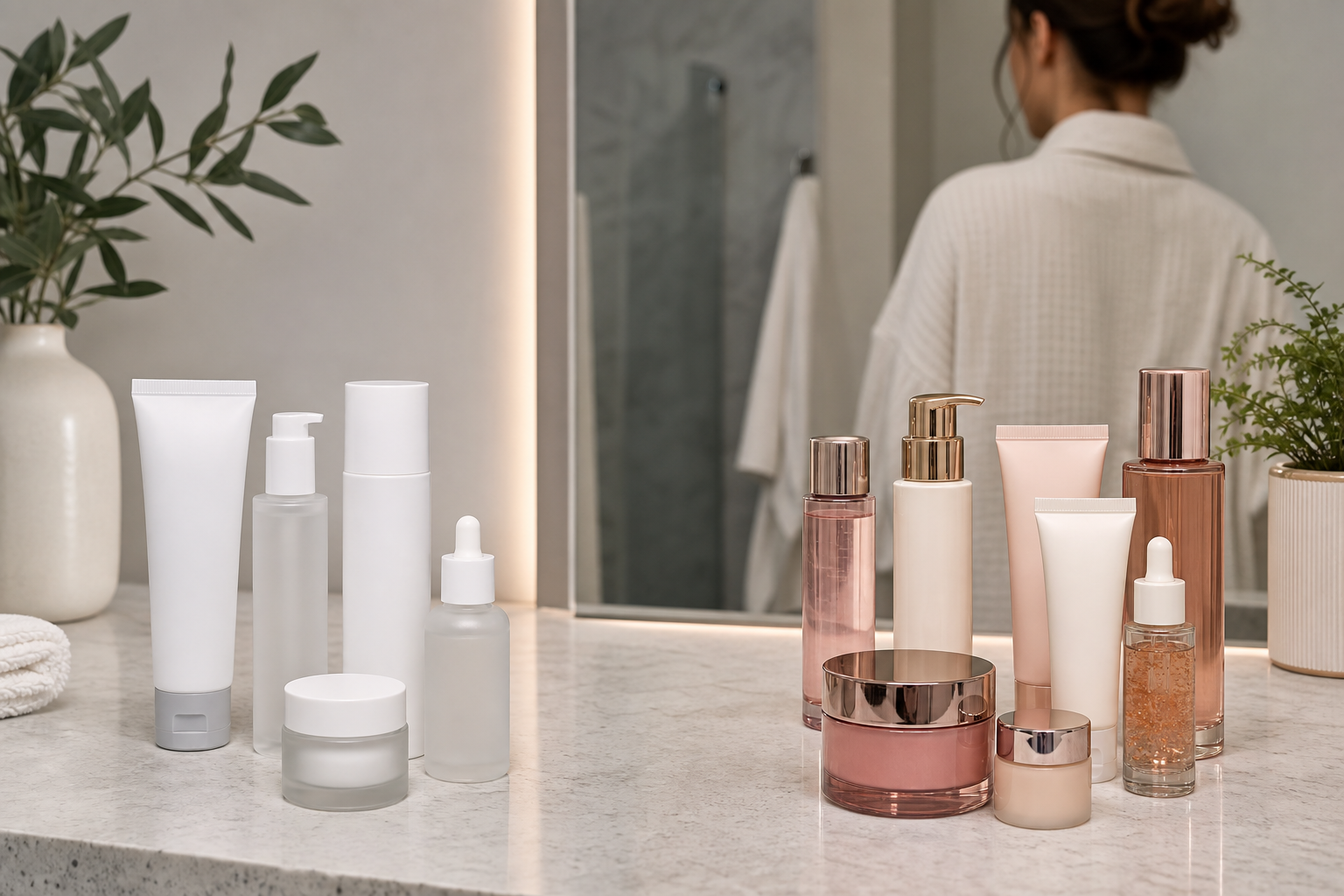 Two groups of skincare products arranged on a bathroom counter for comparison