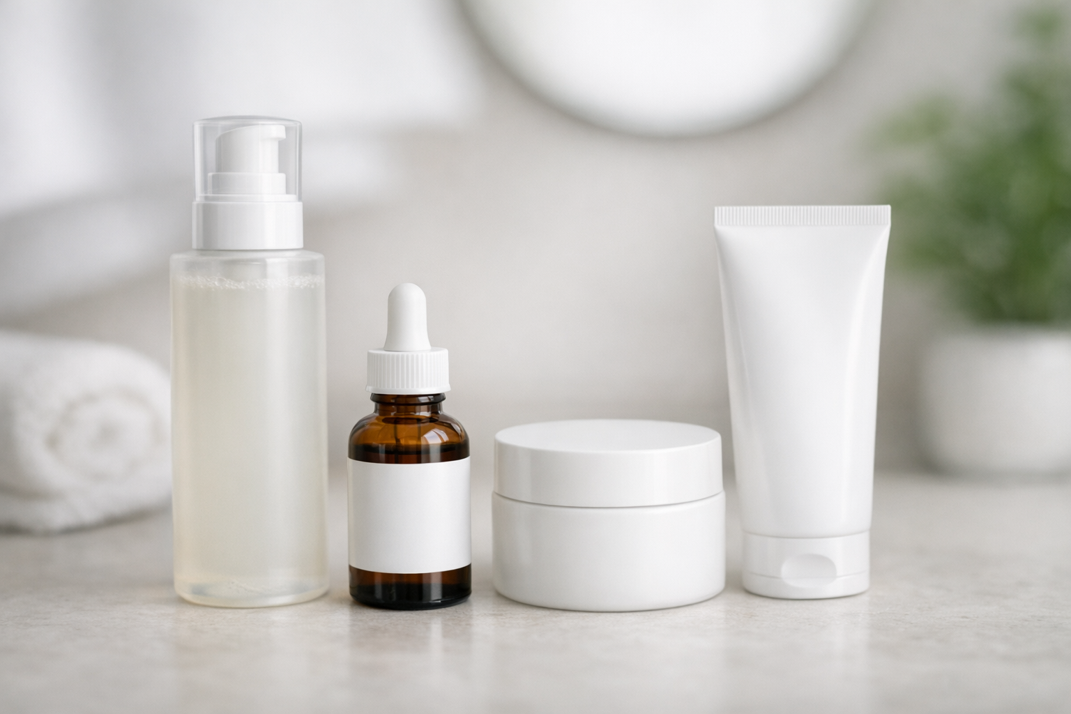 Minimal skincare products on a light bathroom counter including cleanser, moisturizer, sunscreen, and a dropper bottle with a blank label