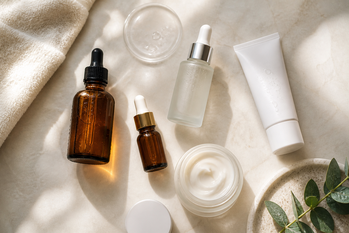Skincare products including serum bottles, moisturizer, and sunscreen arranged on a light bathroom surface.