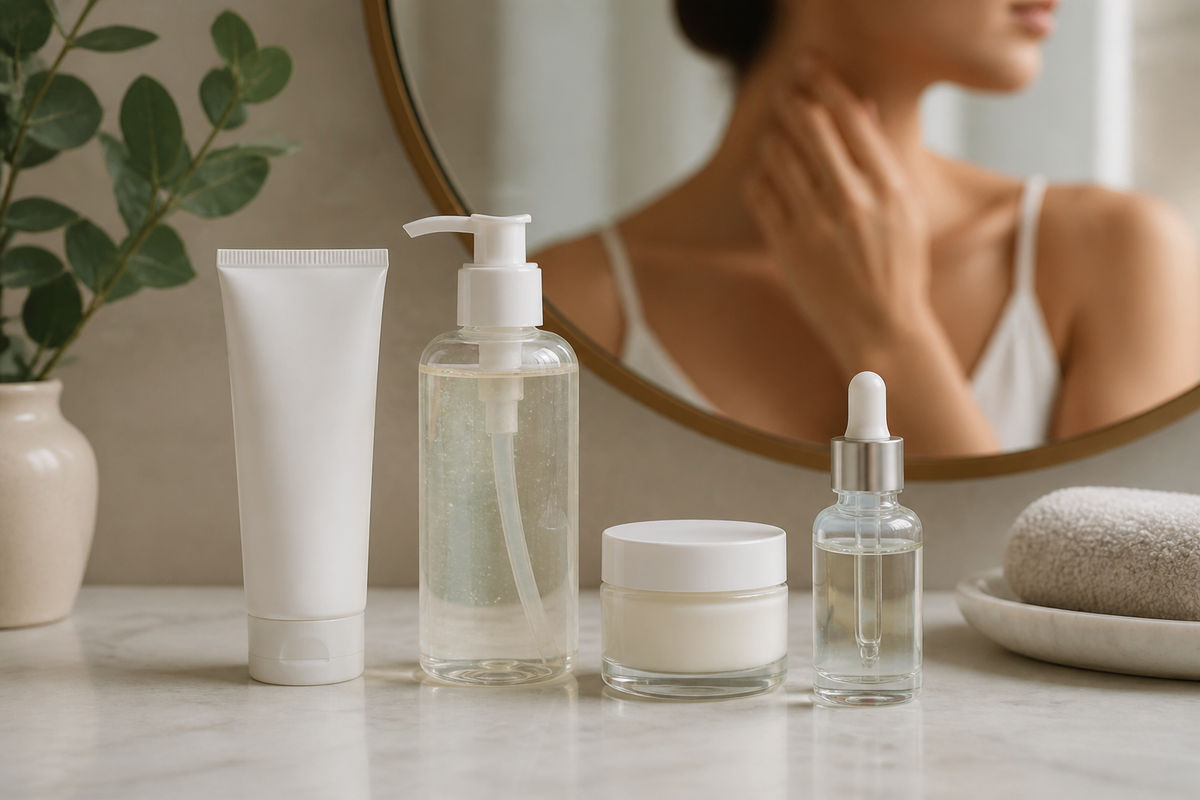 Sunscreen, cleanser, moisturizer, and serum arranged on a bathroom counter in soft light.