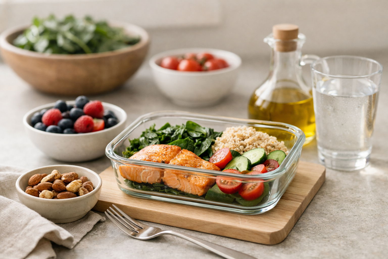 Balanced meal ingredients on a kitchen counter including leafy greens, berries, nuts, olive oil, and a glass of water.