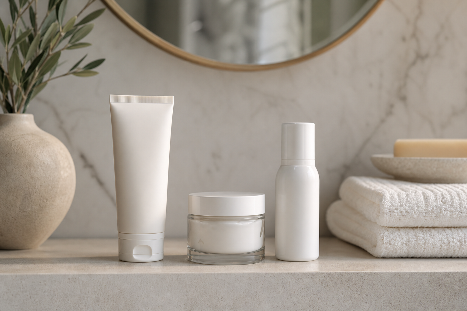 Clean bathroom shelf with skincare products arranged for a dry skin routine