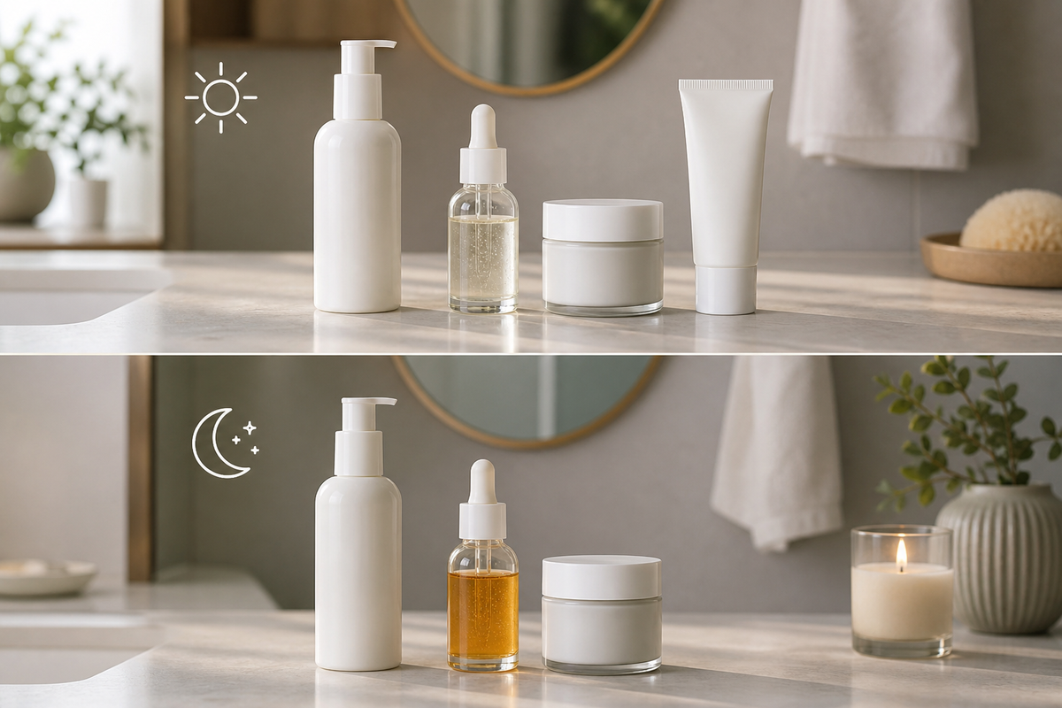 Skincare products arranged in order on a bathroom counter with cleanser, serum, moisturizer, and sunscreen