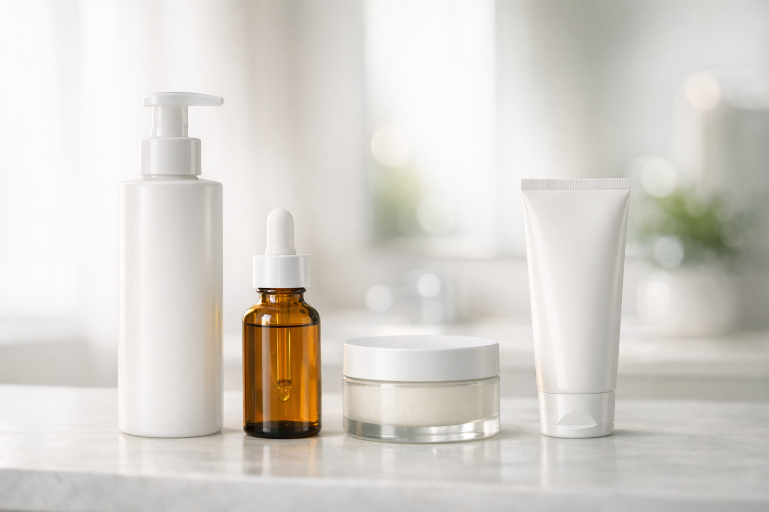 Skincare routine basics arranged on a clean bathroom counter including cleanser, serum, moisturizer, and sunscreen.