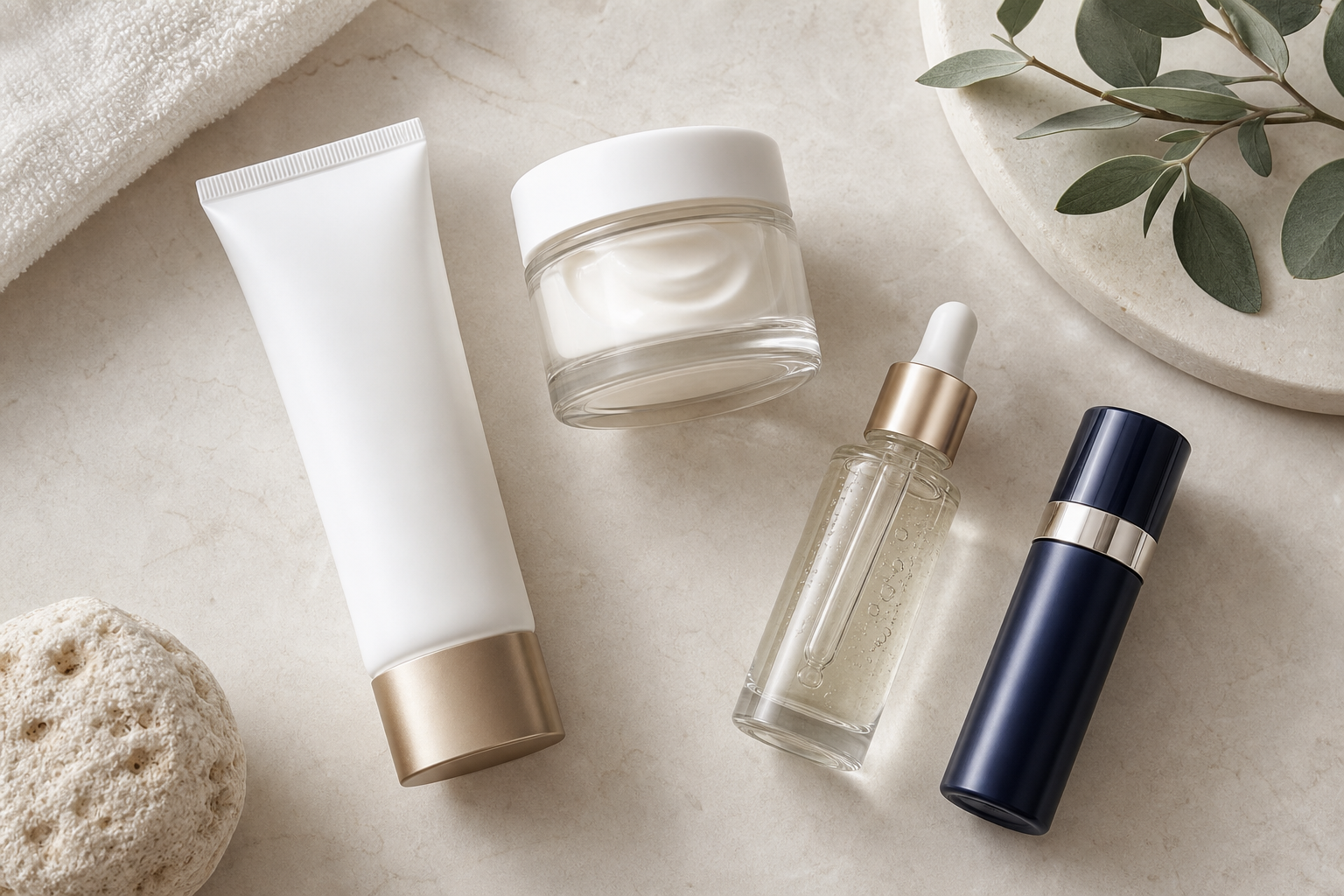 Sunscreen, moisturizer, serum, and night treatment arranged on a light surface.