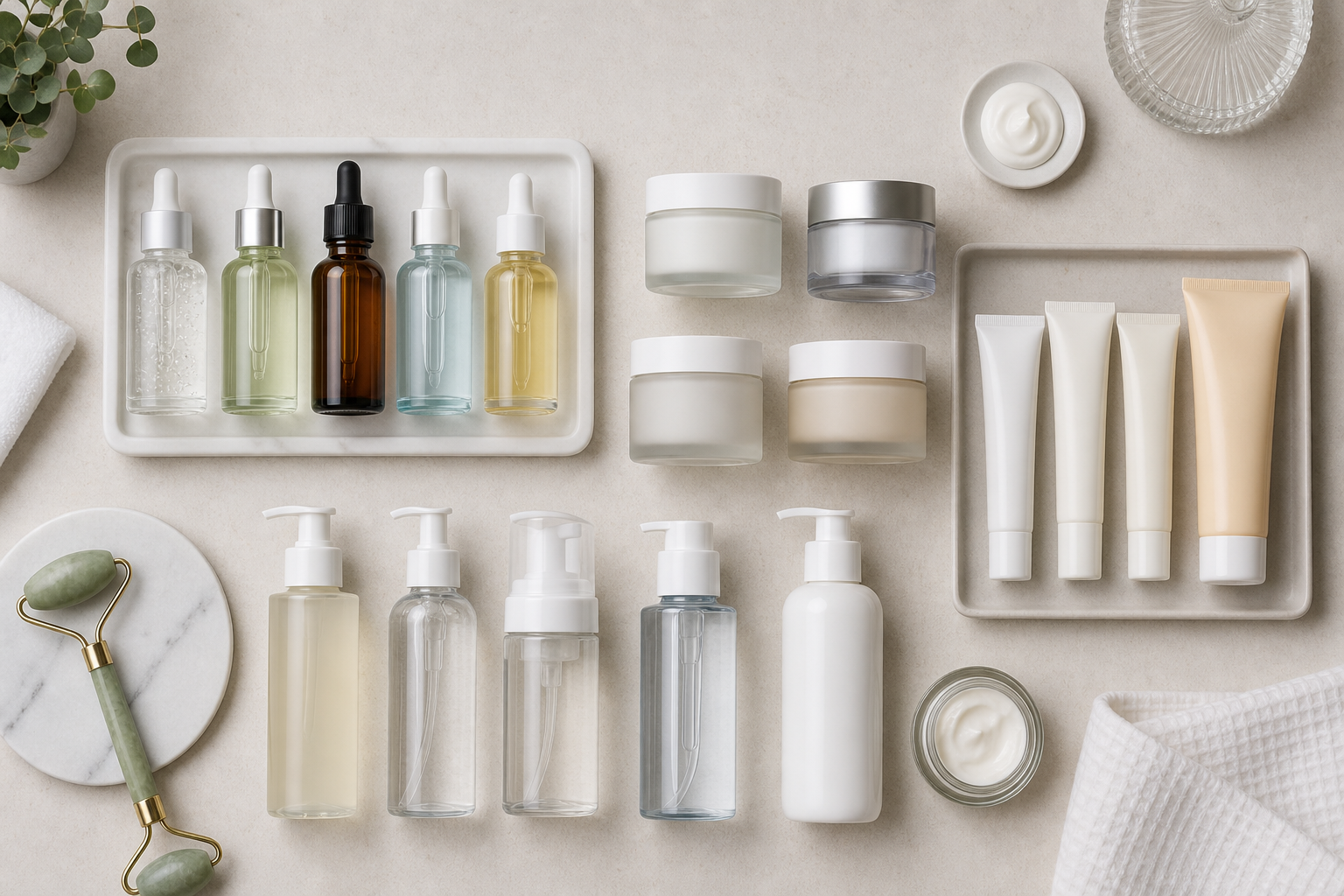 Skincare products arranged by category on a clean counter with serum, moisturizer, cleanser, and sunscreen packaging