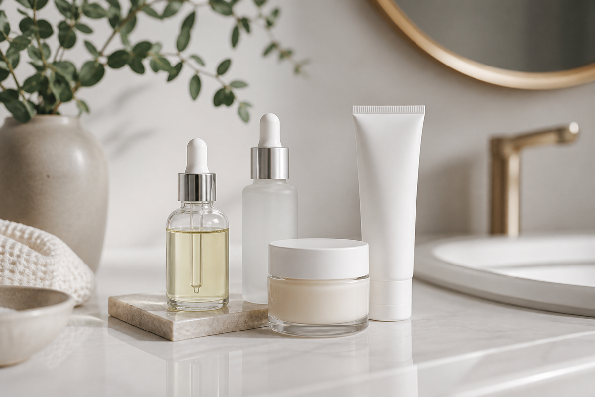 Serum bottles, moisturizer, and sunscreen arranged on a clean bathroom counter.
