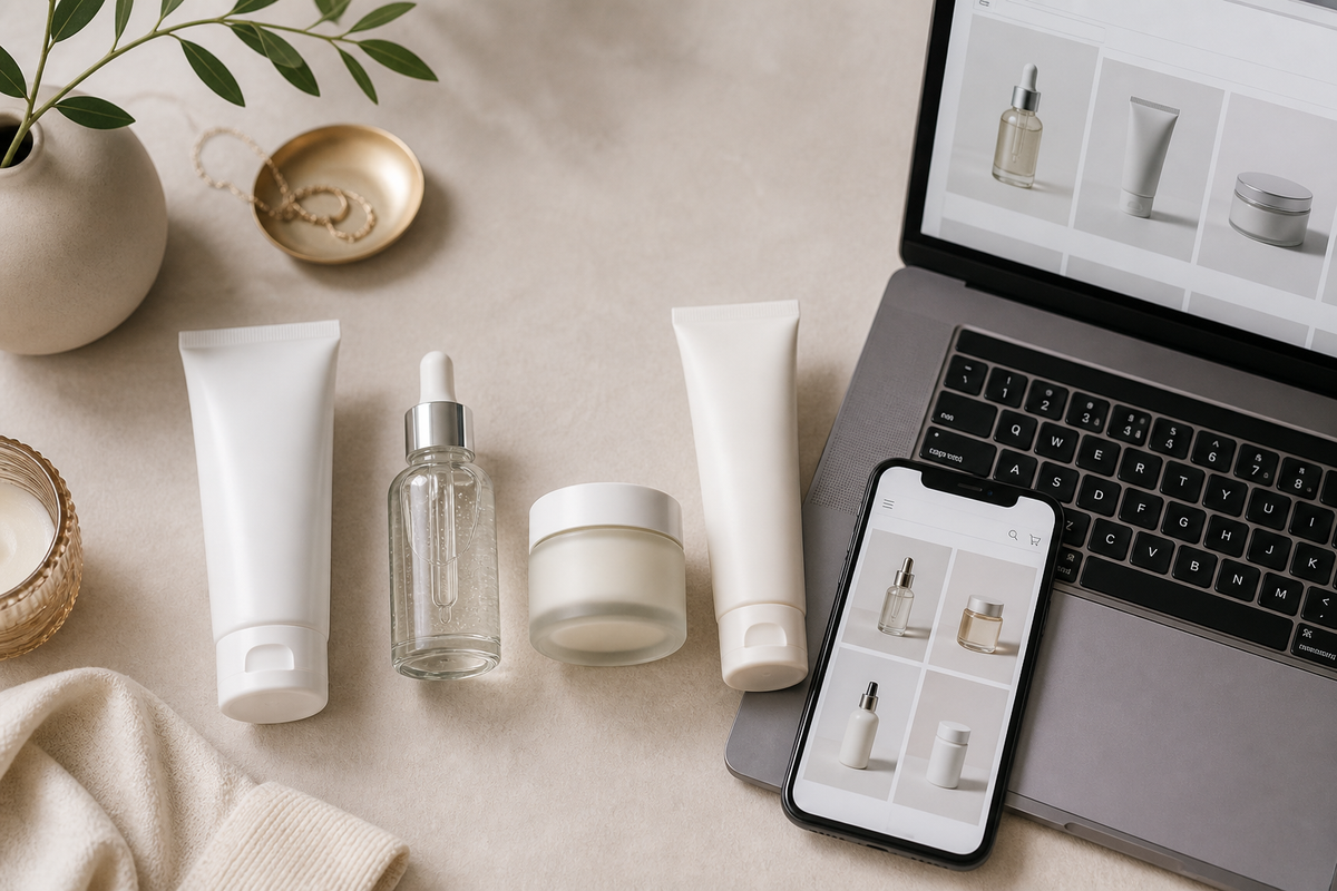 Skincare products beside a laptop and phone used for online shopping.