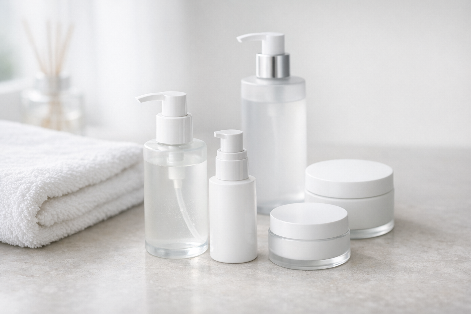 Minimalist skincare bottles and jars arranged on a light countertop with soft natural lighting