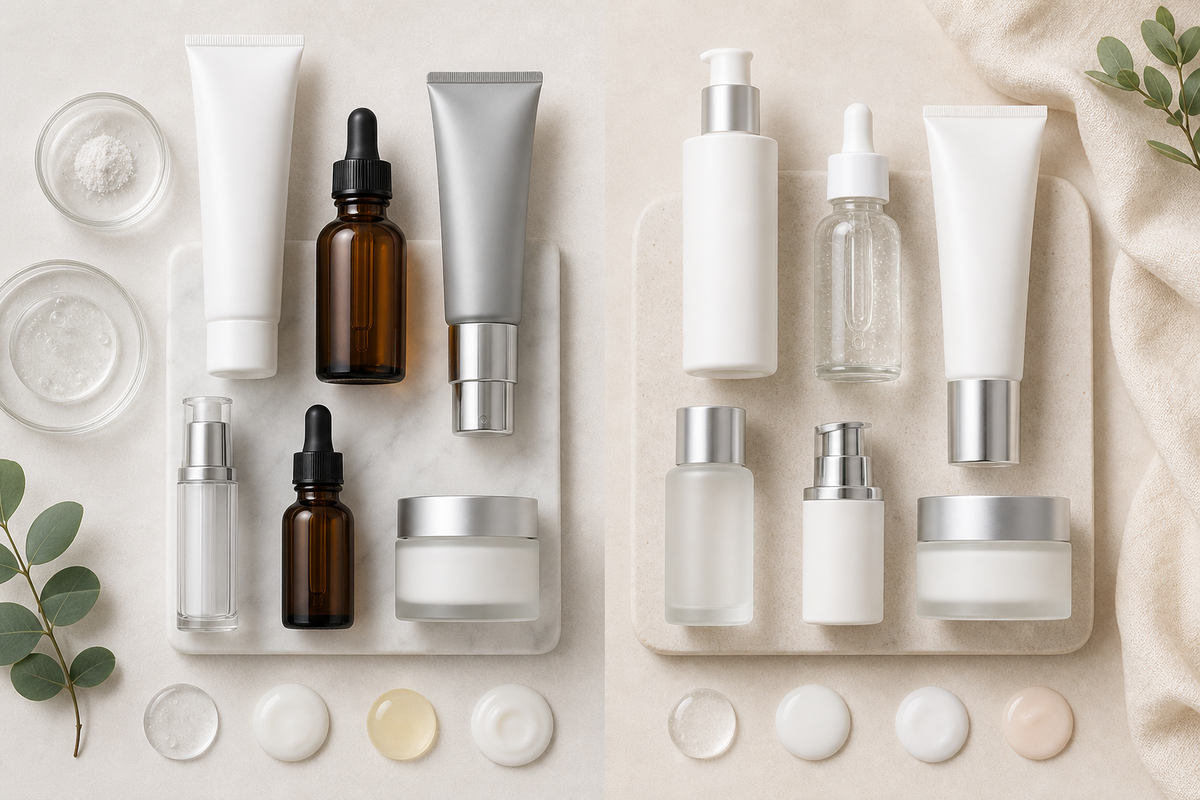 Two professional skincare routines displayed side by side on a light surface for brand comparison.