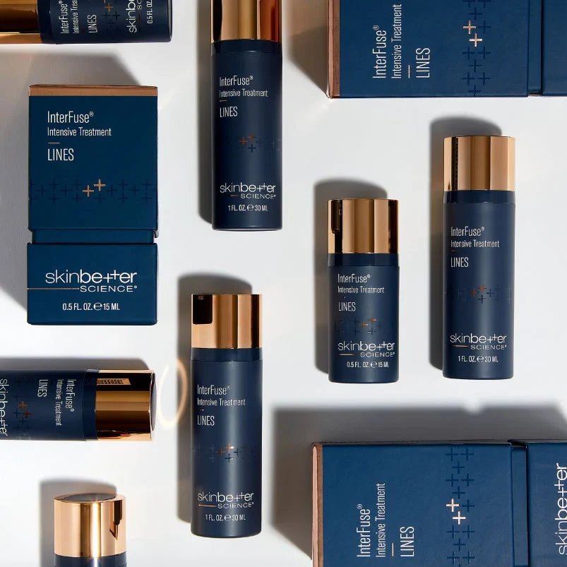 Various Skinbetter Science InterFuse Intensive Treatment products for lines arranged elegantly.