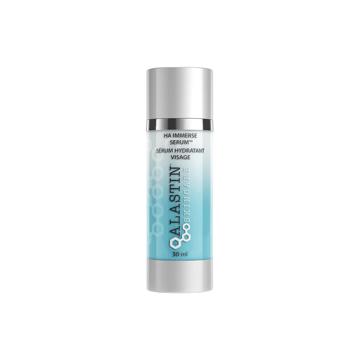 Alastin HA IMMERSE Serum bottle with pump labeled HA IMMERSE hydrating hyaluronic formula for smoothing texture