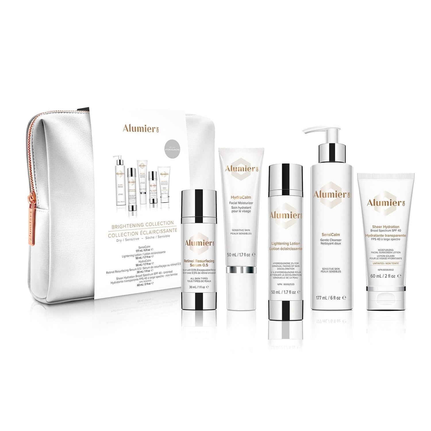Alumier Brightening Collection Dry/Sensitive kit with hydroquinone labeled bottles and clinical treatment serums
