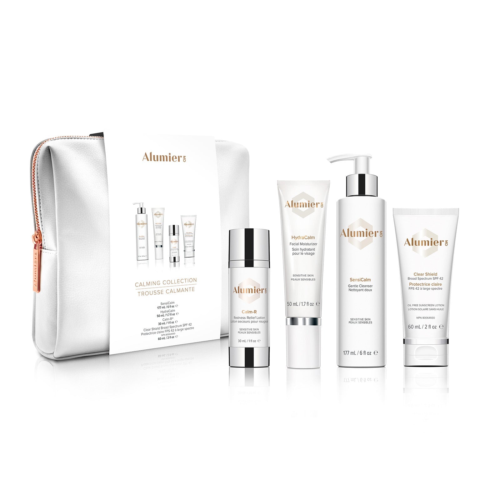 Alumier Calming Collection kit showing multiple labelled bottles and tubes for redness repair and barrier support